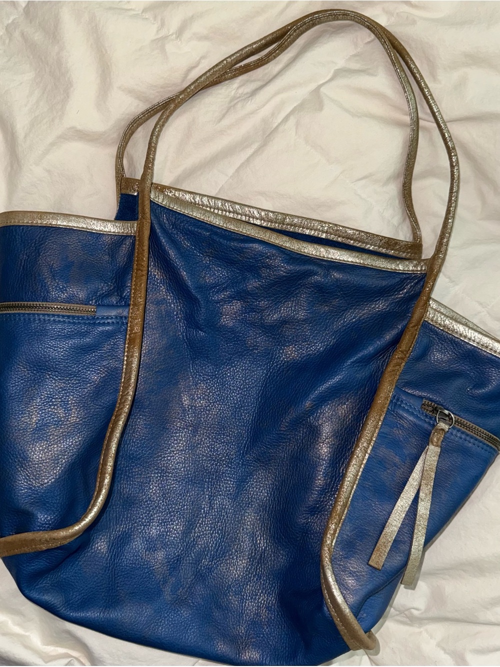 Rough & Tumble Large Lorna Blue Leather Tote with Metallic gold Trim